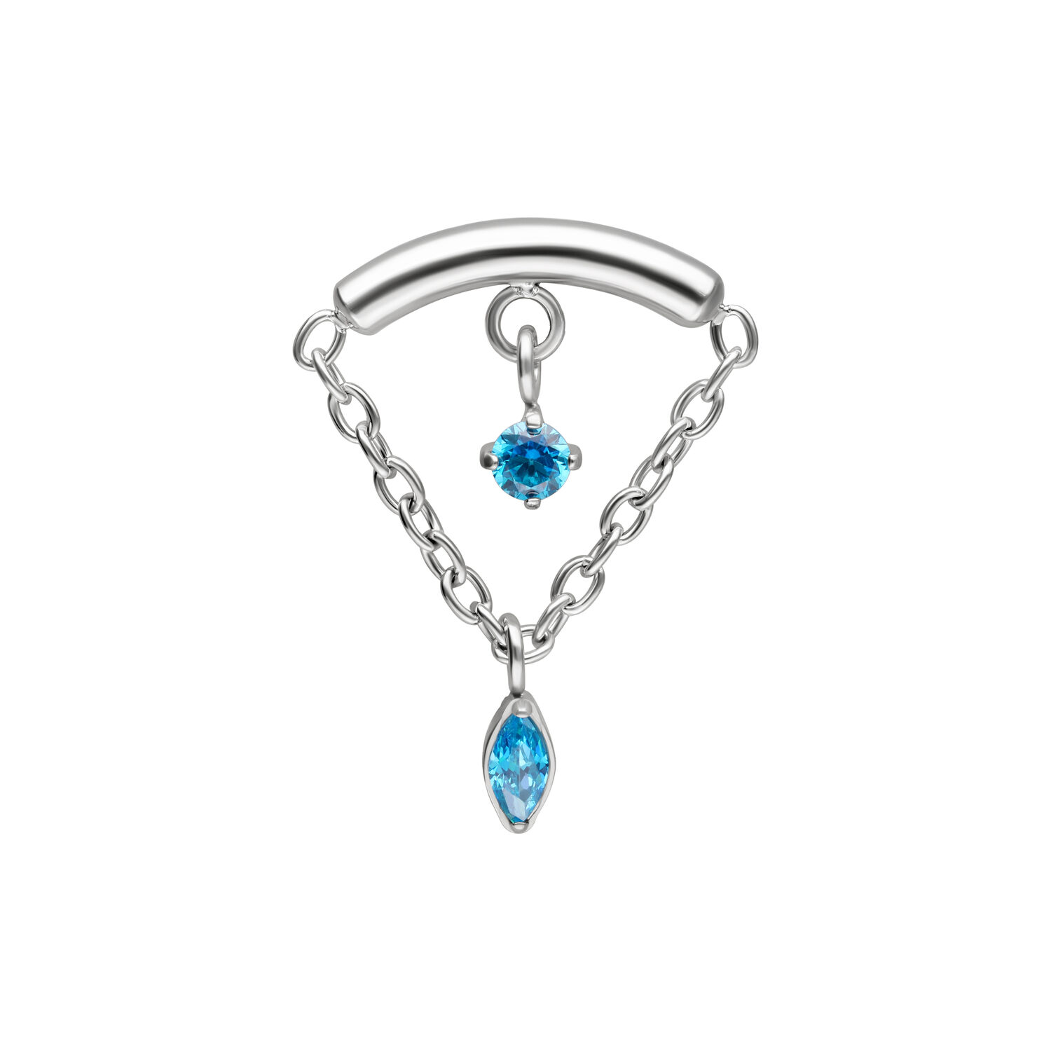Doppio Turchese Helix Attacco Push Fit Attacco Helix in argento con due cristalli turchesi, catene e un arco su sfondo bianco