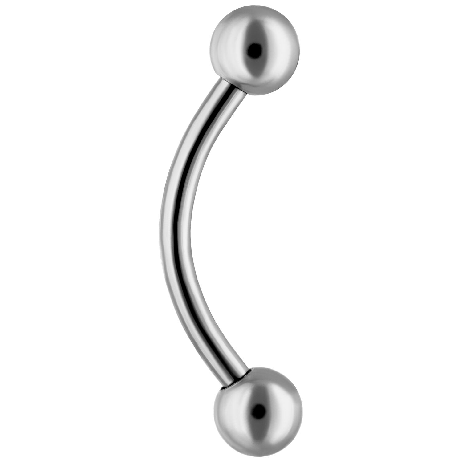 Piercing Bananabell curvo in argento con due sfere su sfondo bianco