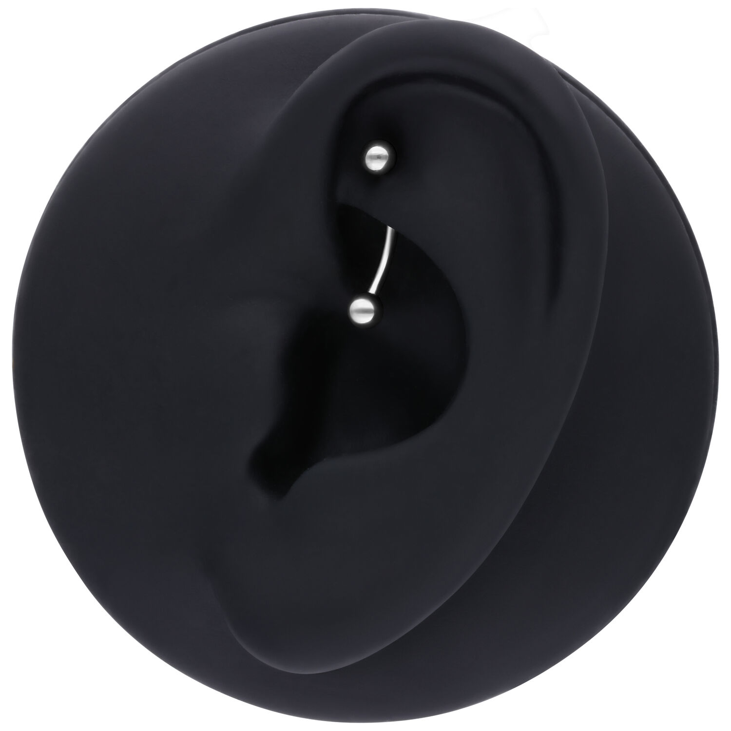 Modello di orecchio nero con Micro Bananabell argento su sfondo bianco