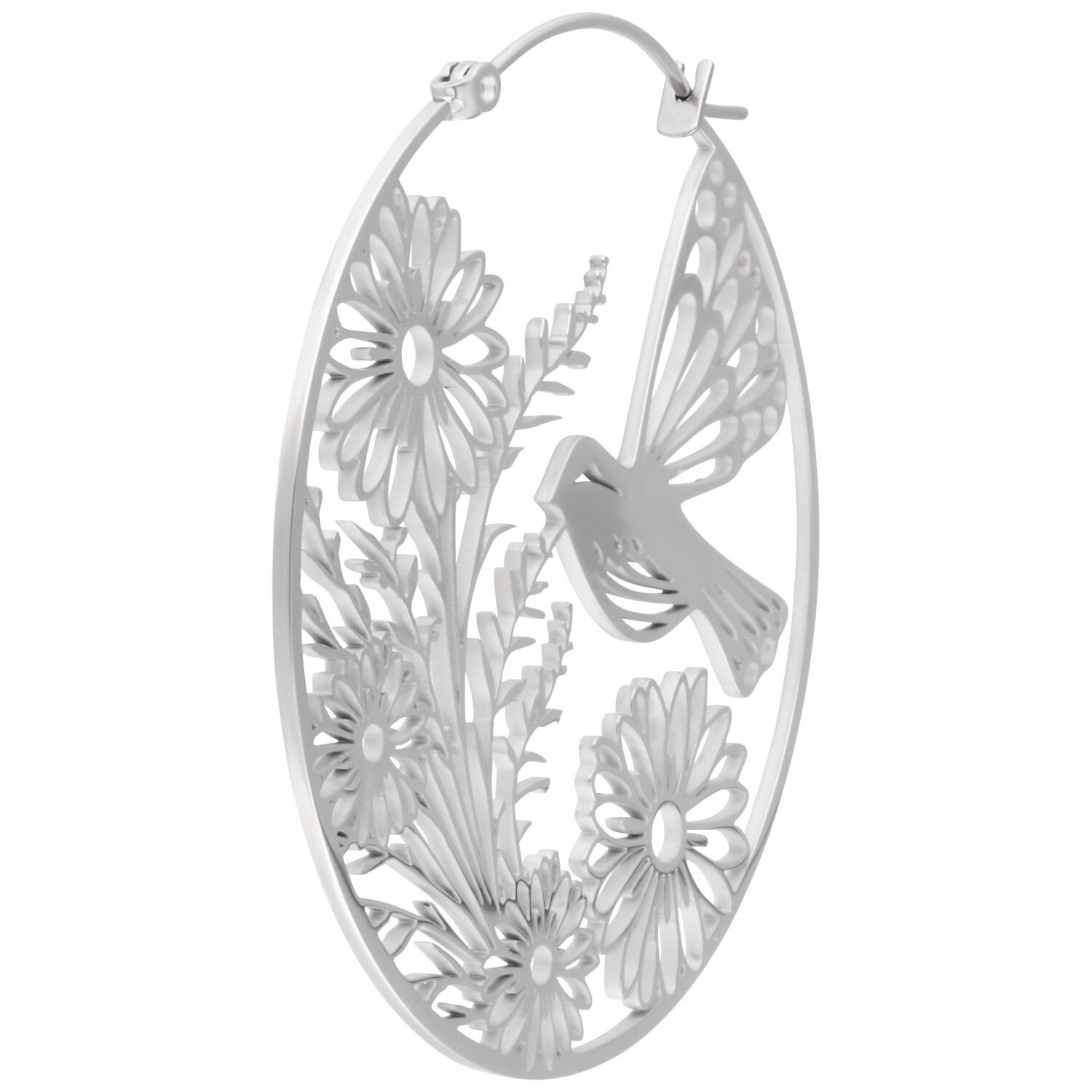 Orecchini Summerbird in acciaio argentato Orecchini argentati con motivo floreale e di uccelli, lucidi