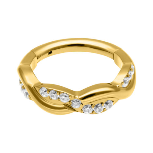 Anello piercing dorato con cristalli chiari, design ondulato su sfondo bianco