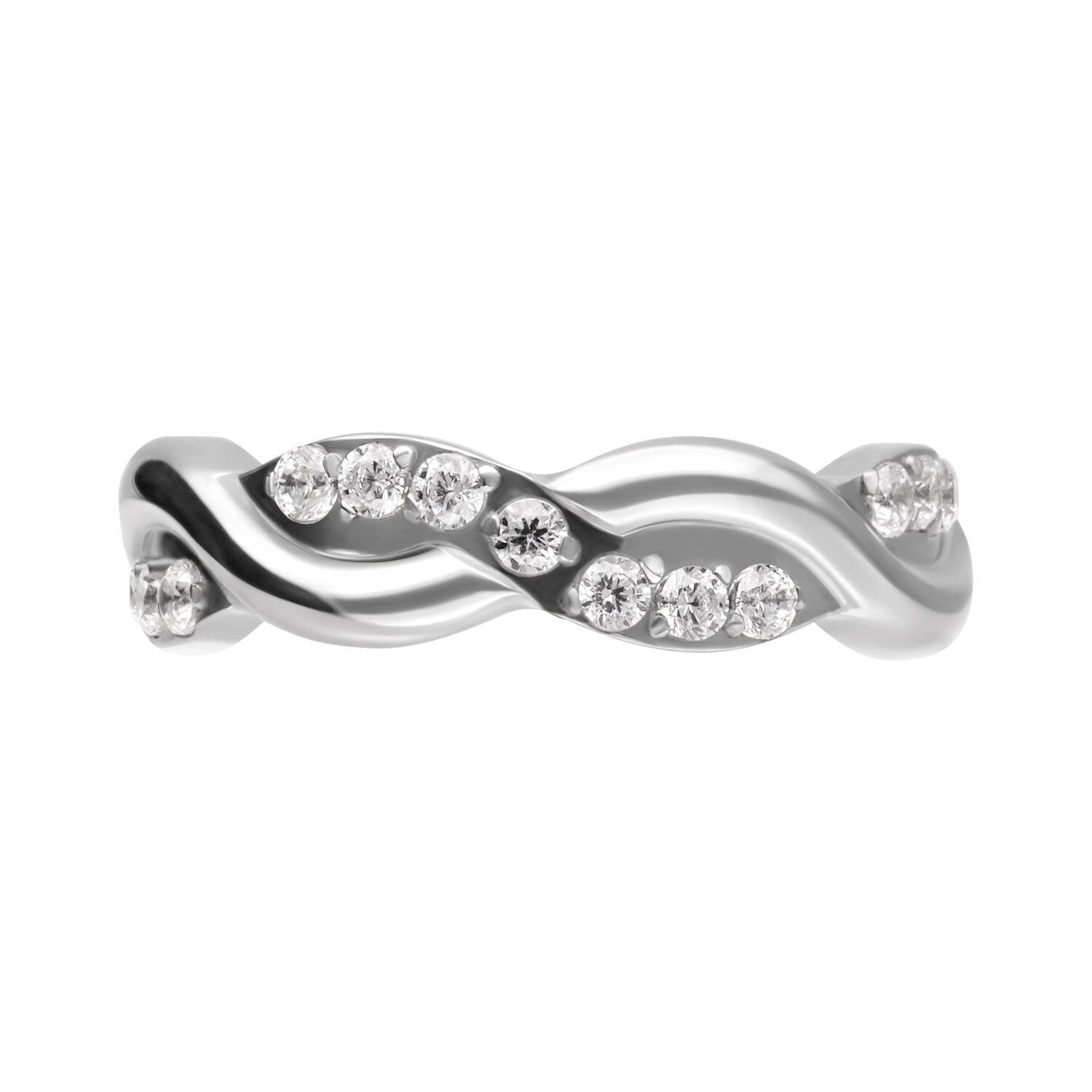 Anello a Onde Cristalline in Titanio Anello argento con design ondulato, decorato con cristalli chiari, su sfondo bianco