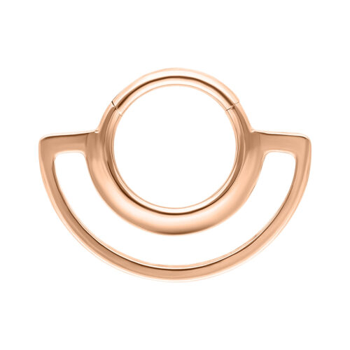 Clicker in oro rosa con struttura a doppio anello su sfondo bianco