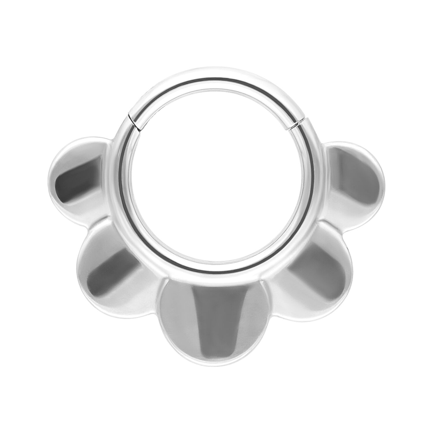 Clicker Half Flower Argento 1,2 mm Clicker Half Flower argento con design a forma di fiore su sfondo bianco