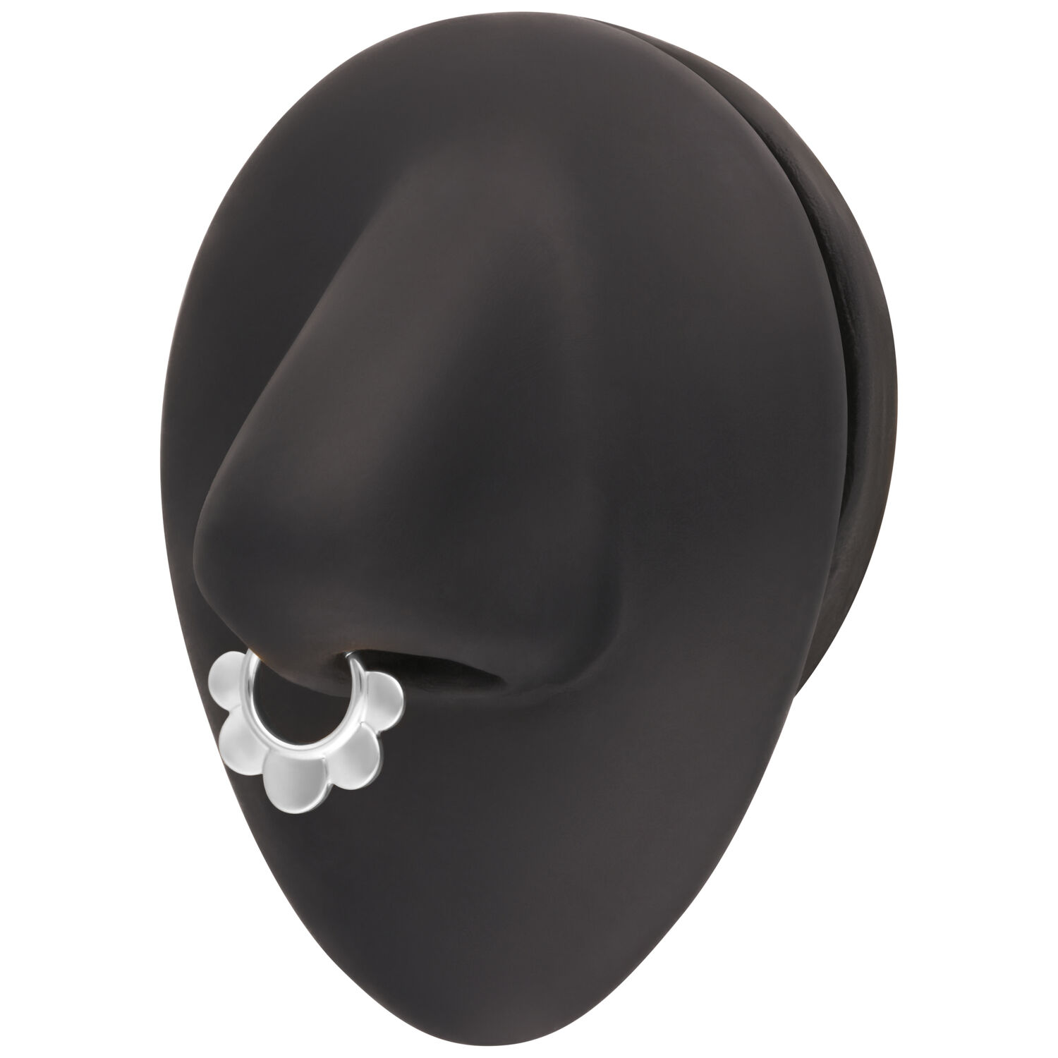 Supporto nasale nero con mezza fiore Supporto nasale nero con design a mezza fiore in argento su sfondo bianco