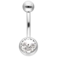 Piercing all'ombelico in argento con cristallo Bananabell all'ombelico in argento con grande cristallo chiaro su sfondo bianco.