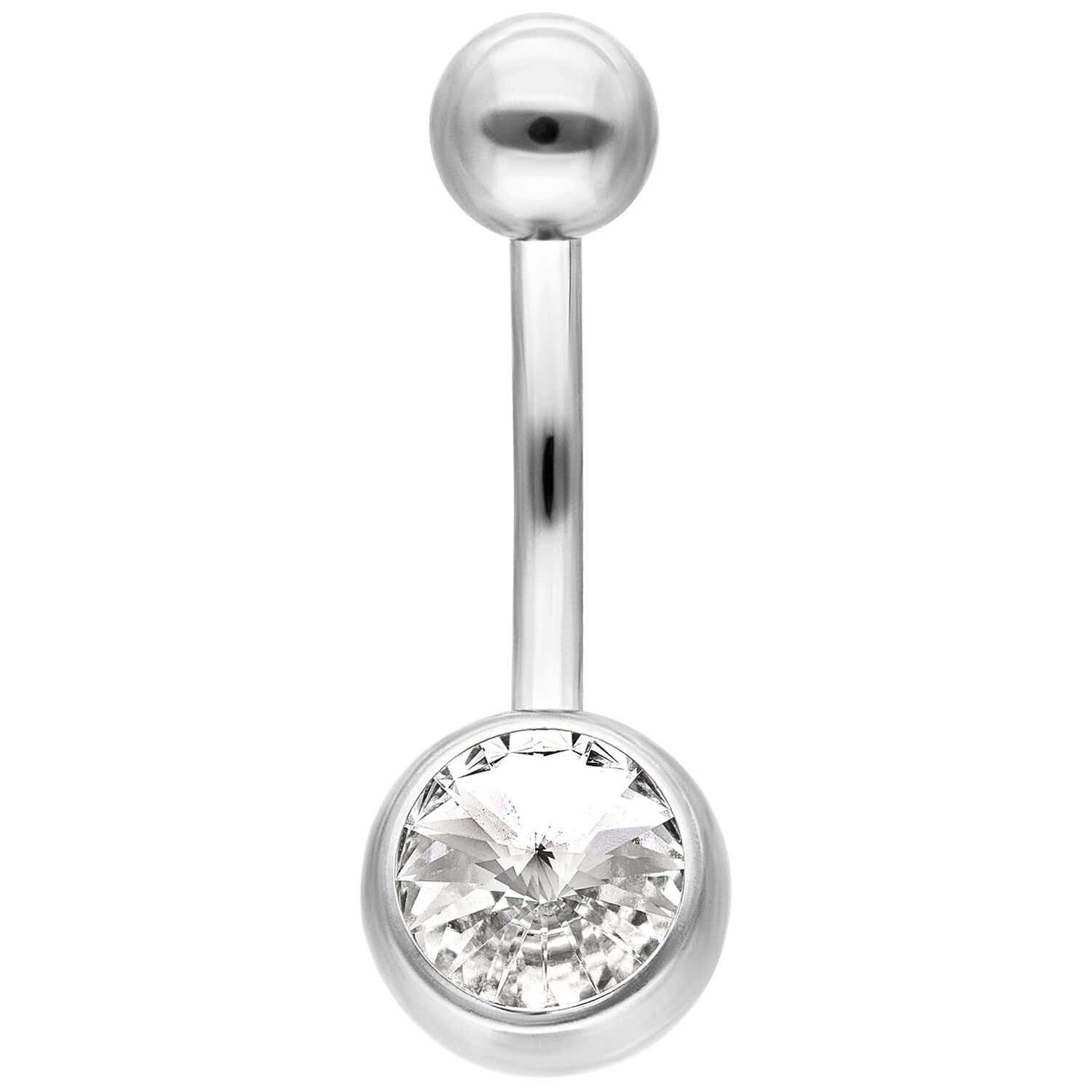 Piercing all'ombelico in argento con cristallo Bananabell all'ombelico in argento con grande cristallo chiaro su sfondo bianco.