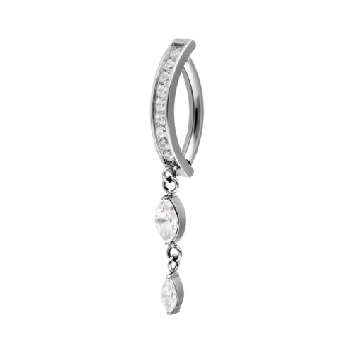 Clicker per ombelico in argento con pendente ovale di cristallo su sfondo bianco