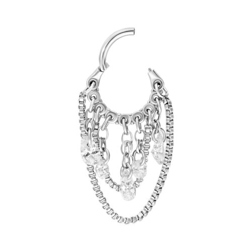 Anello piercing argento con gocce di cristallo chiare e design a catena serpente su sfondo bianco