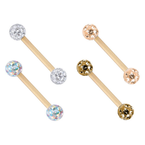 Quattro barbells in titanio dorato con sfere incastonate di cristalli in vari colori su sfondo bianco