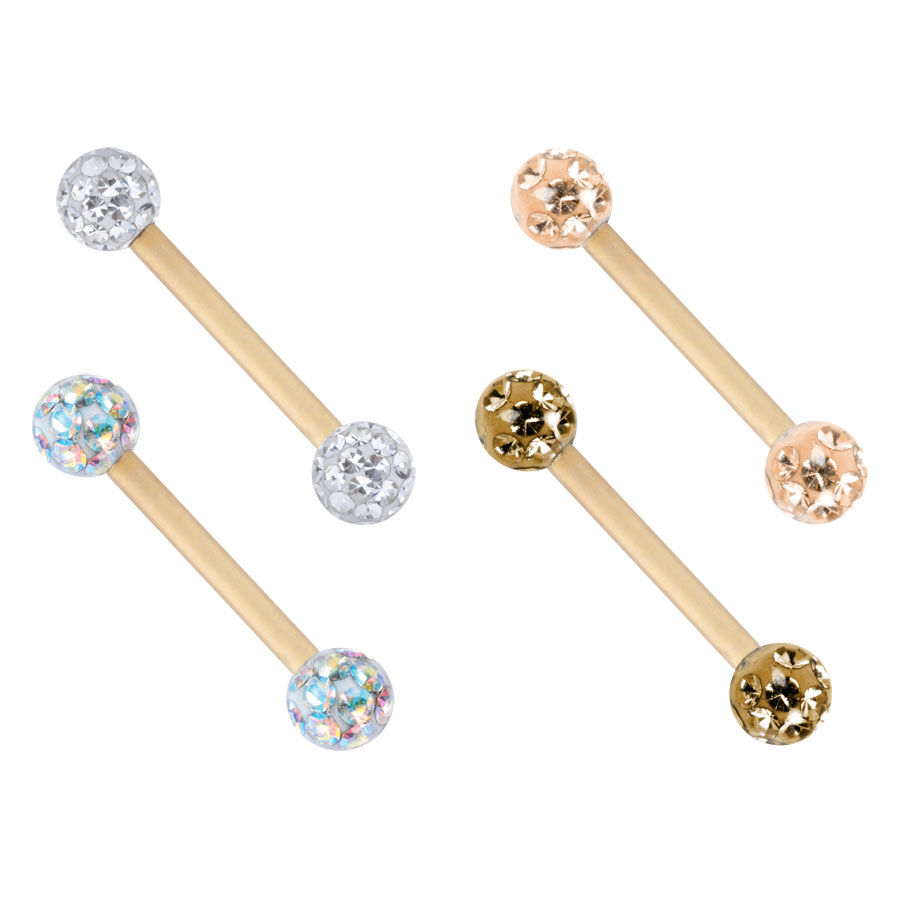 Barbells in titanio dorato con cristalli Quattro barbells in titanio dorato con sfere incastonate di cristalli in vari colori su sfondo bianco