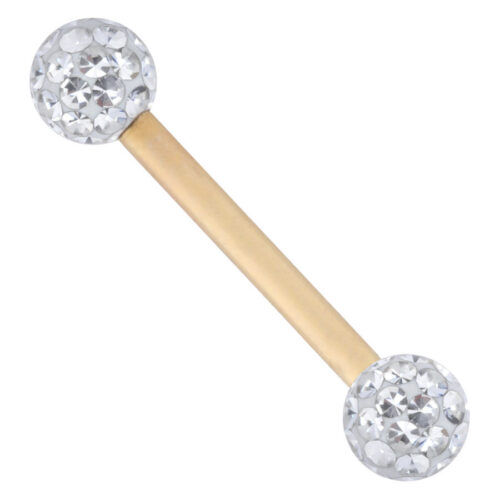Barbell dorato con sfere di cristallo trasparenti su sfondo bianco