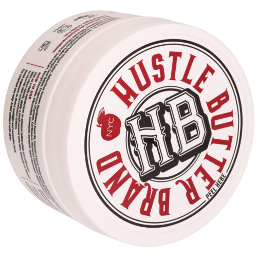 Barattolo rotondo Hustle Butter Deluxe con logo rosso e nero, sfondo bianco
