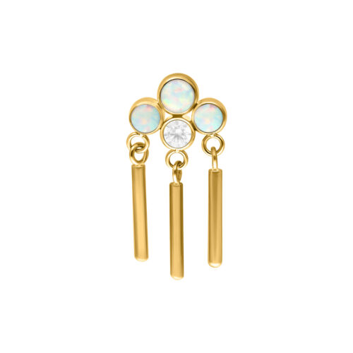 Inserto per piercing dorato con tre opali e barre pendenti su sfondo bianco