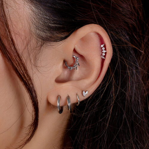 Orecchio con diversi piercing in argento, inclusa catena di cristalli e anelli