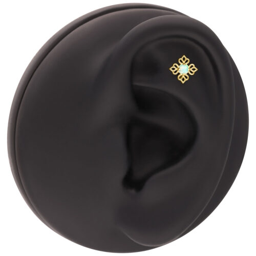 Fiore dorato con opale sintetico su display nero