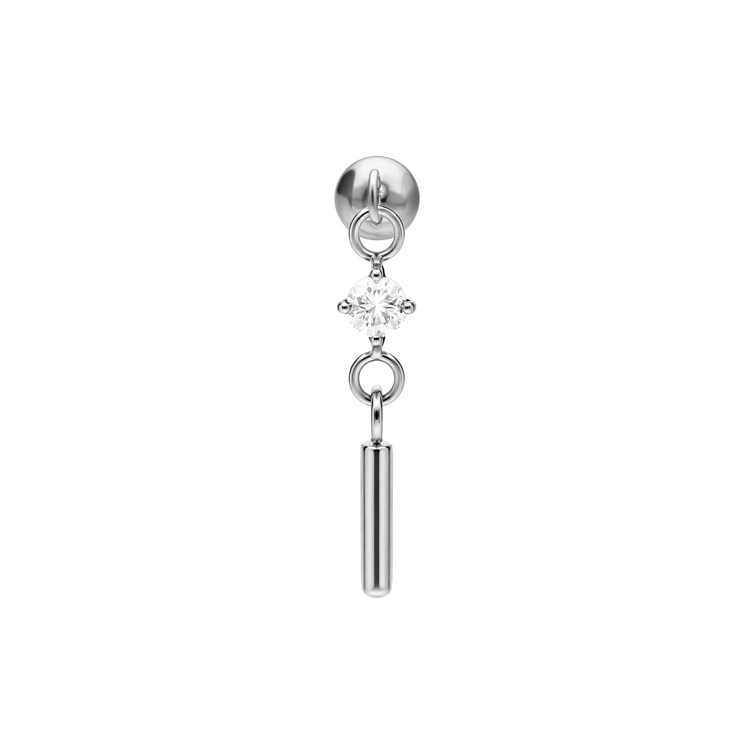 Accessorio orecchio argento con pietra cristallina e barra pendente su sfondo bianco