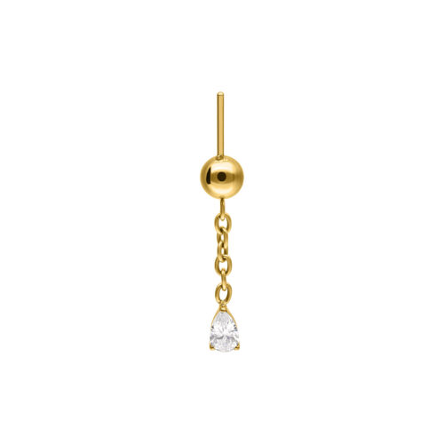 Inserto piercing dorato con goccia di cristallo su una catena, su sfondo bianco