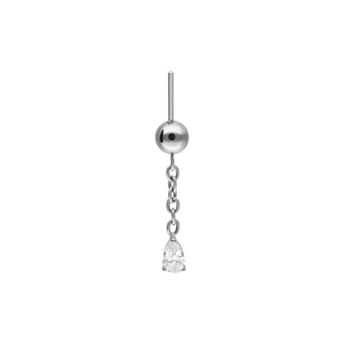 Inserto piercing argento con catena e cristallo chiaro su sfondo bianco