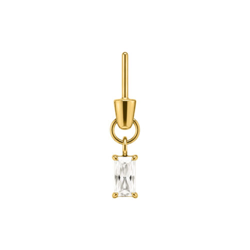 Punta piercing dorata con cristallo rettangolare su sfondo bianco