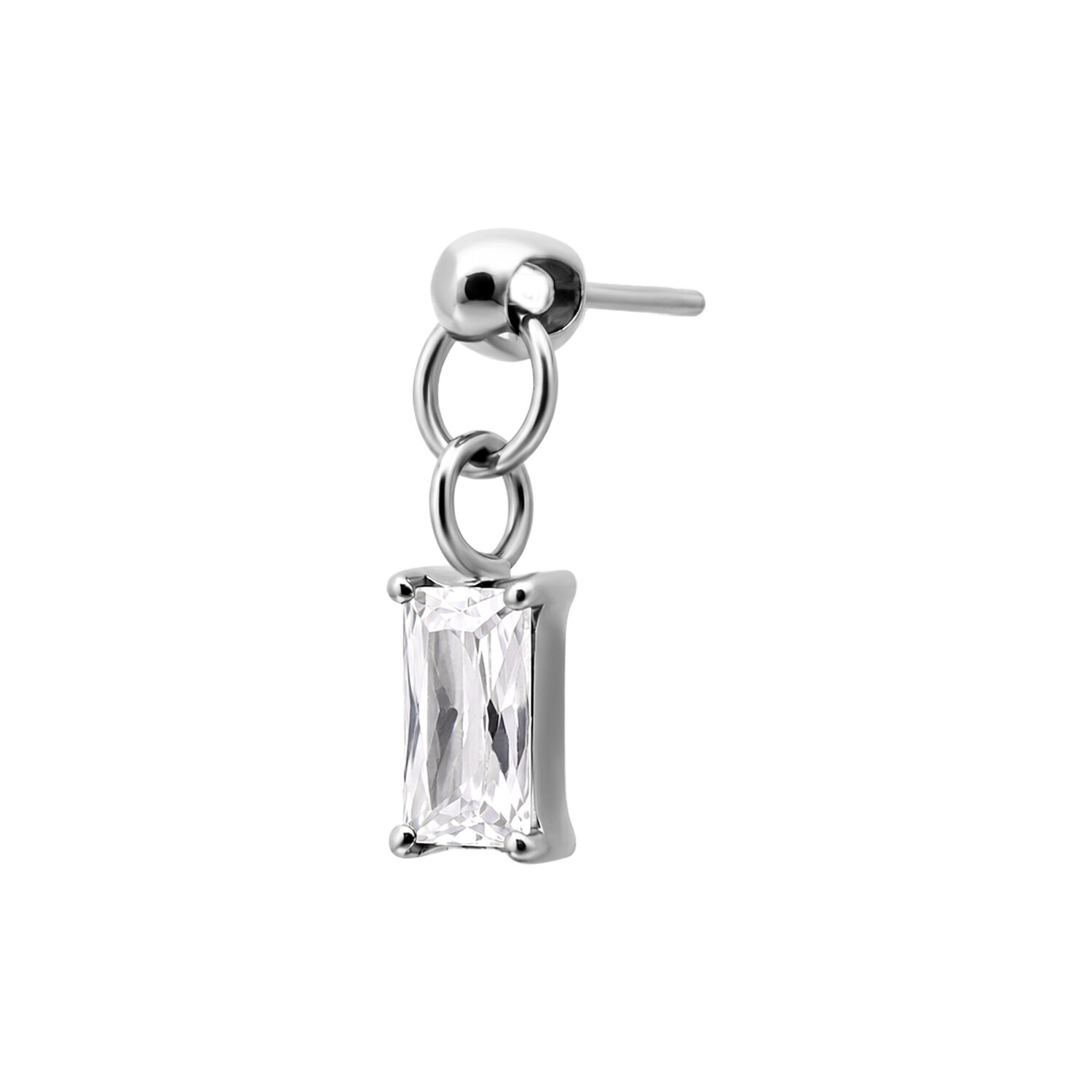 Argento Rook Piercing Con Cristallo Argento piercing con cristallo rettangolare chiaro su sfondo bianco