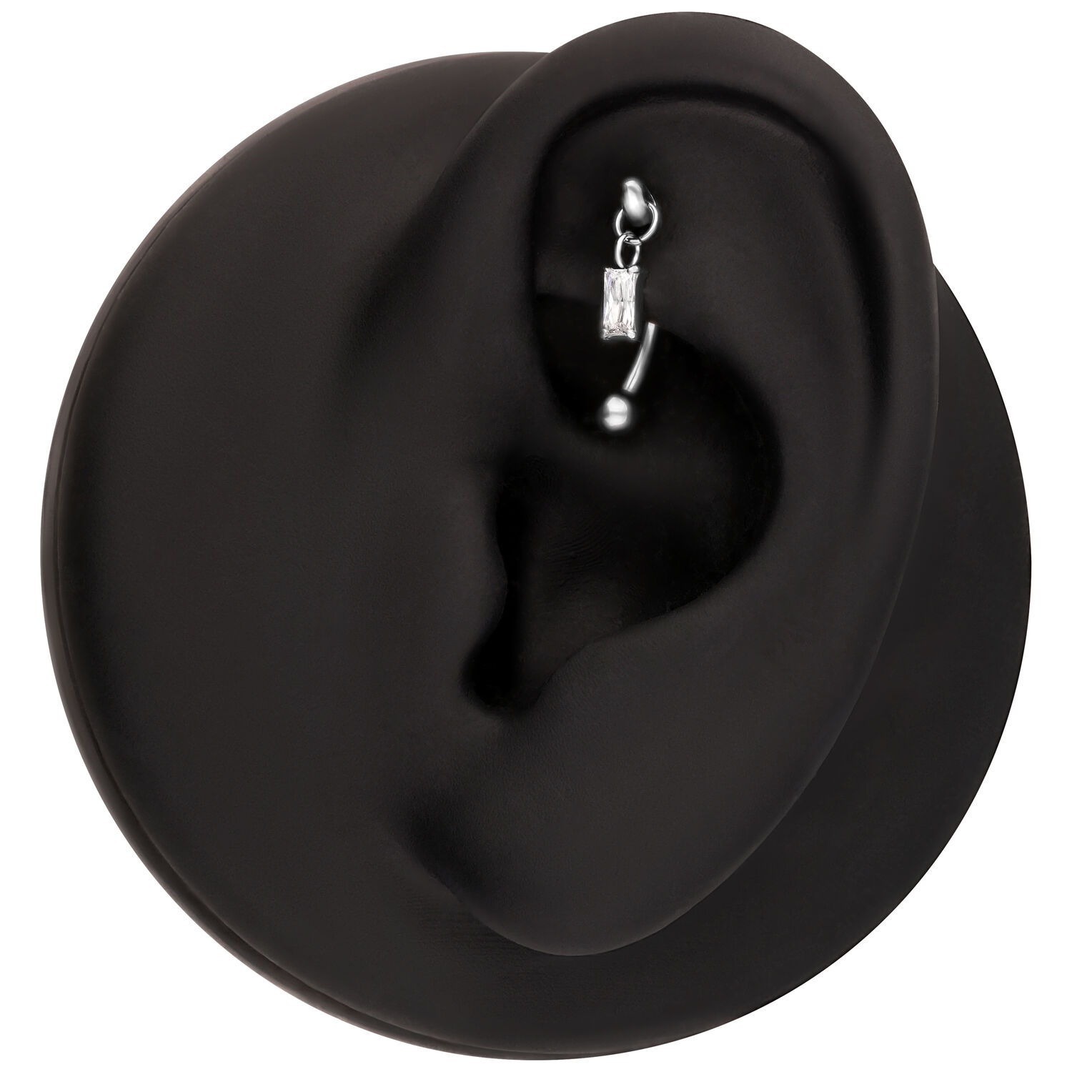 Argento Baguette Cristallo Rook Attach Modello di orecchio nero con attacco piercing in cristallo baguette argento