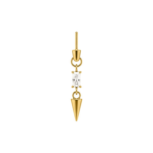 Inserto piercing dorato con cristallo chiaro e pendente appuntito su sfondo bianco