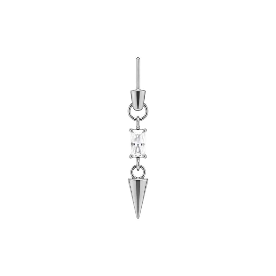 Punta per piercing in argento con cristallo chiaro e pendente appuntito su sfondo bianco