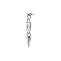 Punta per piercing in argento con pietra cristallina rettangolare e pendente conico su sfondo bianco