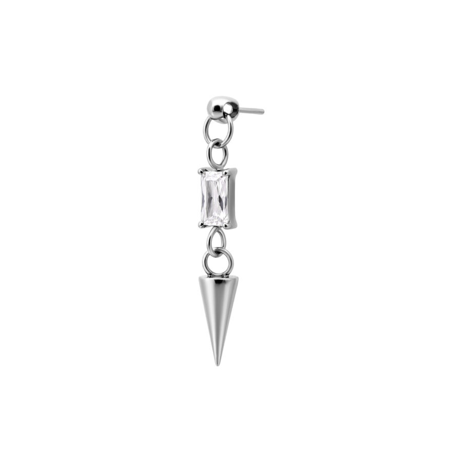 Punta per piercing in argento con pietra cristallina rettangolare e pendente conico su sfondo bianco