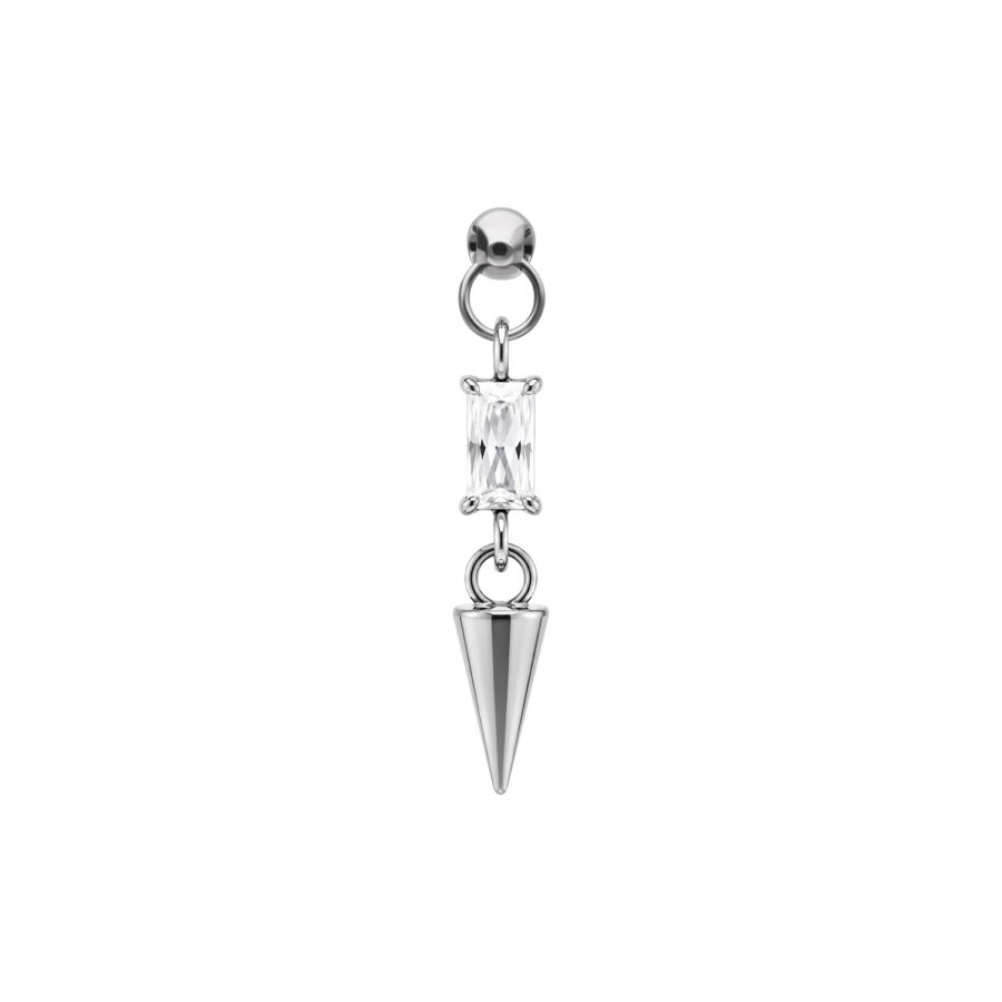 Punta per piercing in argento con cristallo baguette chiaro e pendente conico su sfondo bianco
