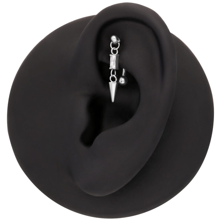 Display nero per orecchio con piercing Rook argento e cristallo baguette