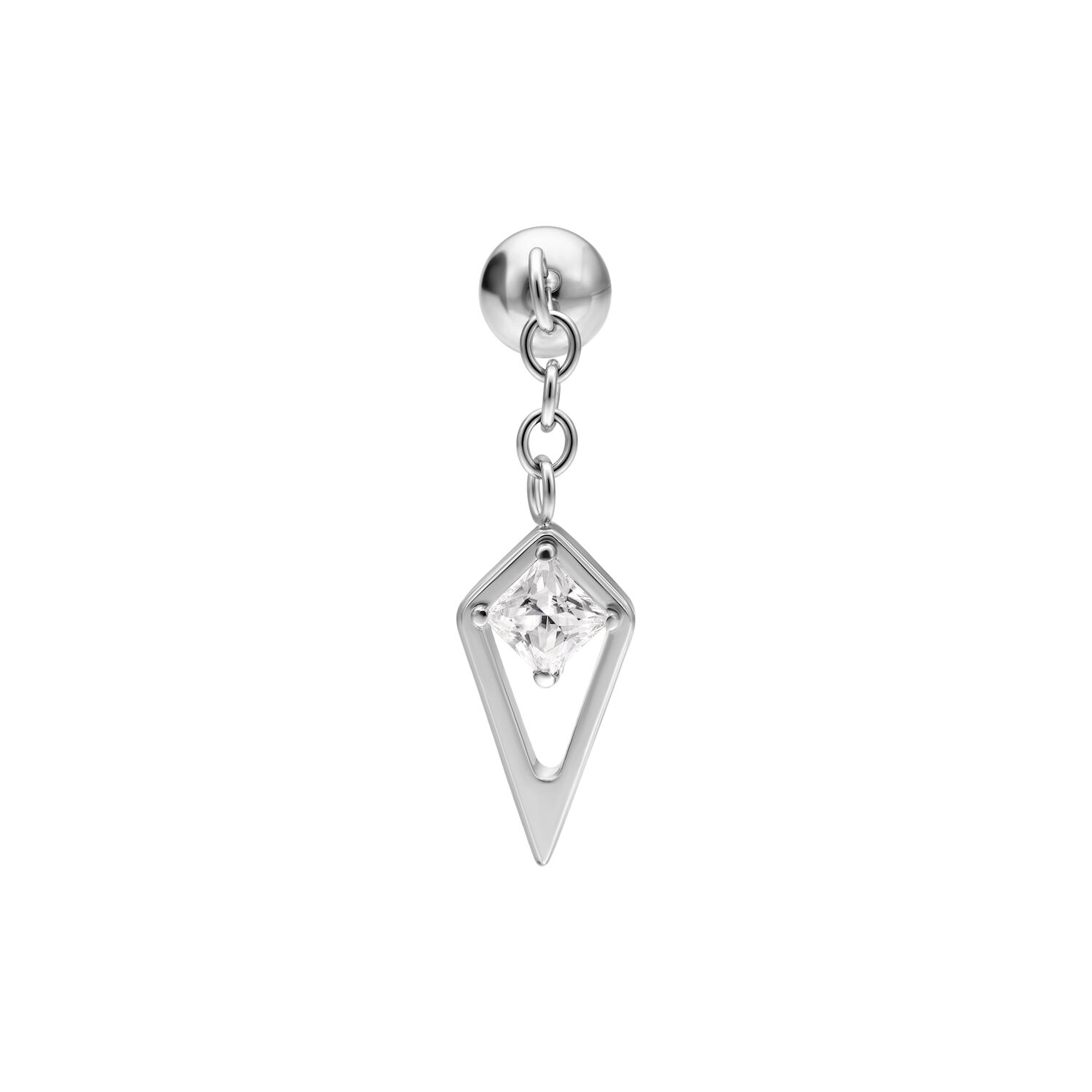 Punta piercing Rook in argento con cristallo chiaro su sfondo bianco