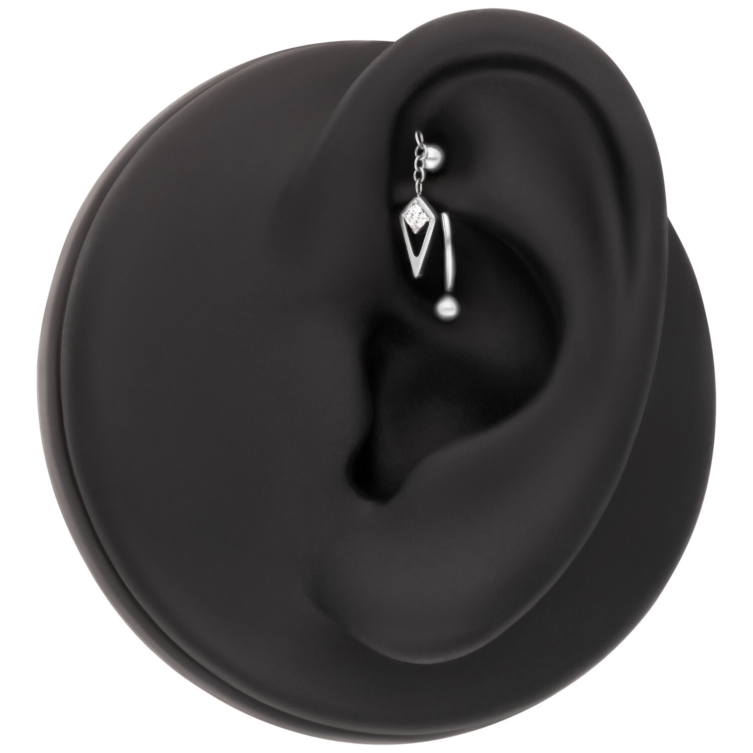 Modello di orecchio nero con inserto piercing cristallo baguette argento
