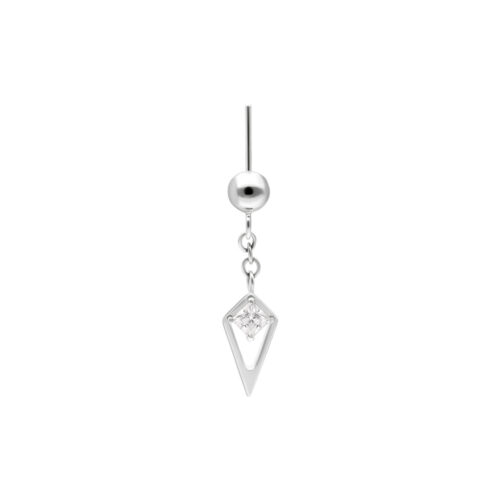 Accessorio per piercing in oro bianco con cristallo rettangolare su una catena, su sfondo bianco