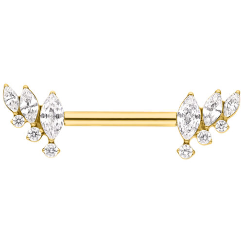 Barbell dorato con ali di cristallo, lunghezza 12 mm, su sfondo bianco