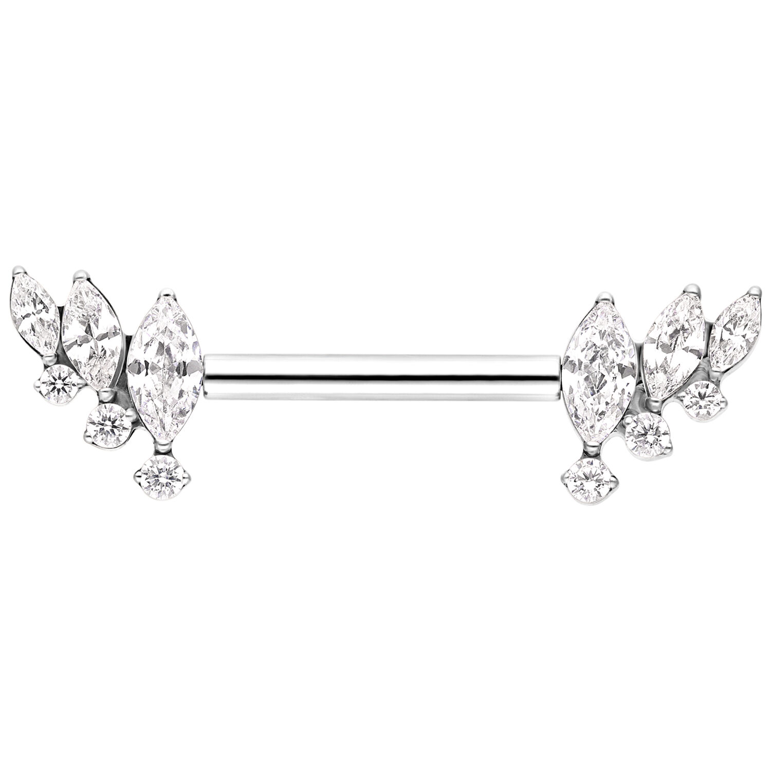 Barbell Piercing con Ali di Cristallo Argento Barbell argento con ali di cristallo scintillanti su sfondo bianco