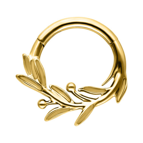 Clicker septum dorato a forma di ramo d'olivo su sfondo bianco