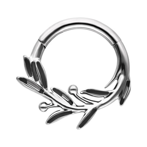 Clicker in argento con design a ramo d'ulivo su sfondo bianco