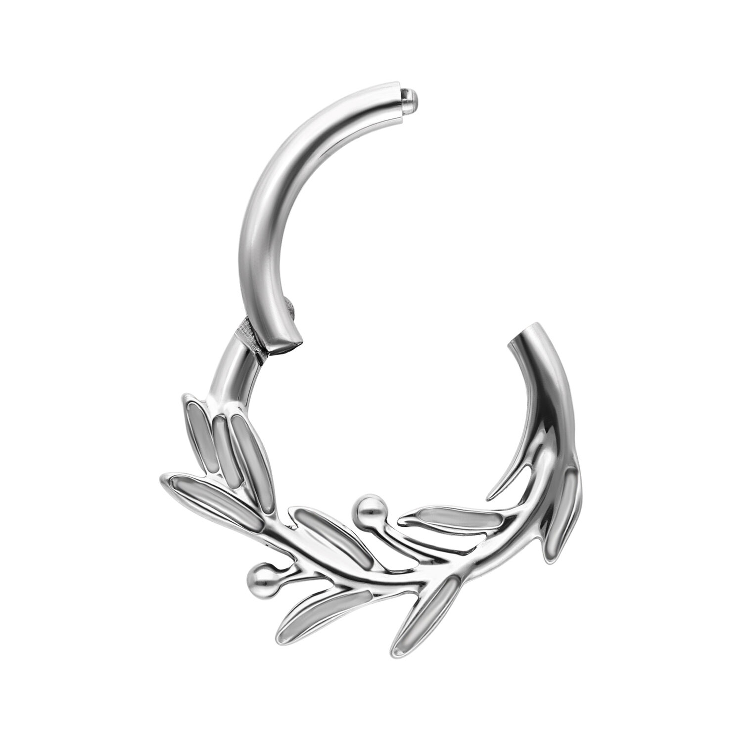 Clicker ramo d'olivo in titanio argento Clicker piercing argento a forma di ramo d'olivo su sfondo bianco