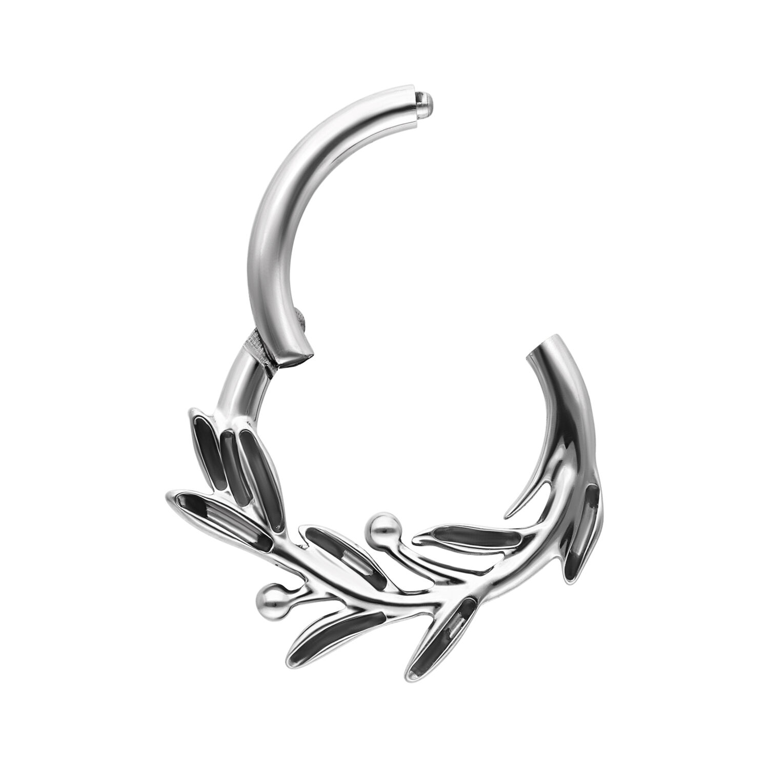 Clicker Ramo d'Olivo Argento Anello piercing in argento con design a ramo d'olivo su sfondo bianco