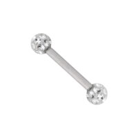 Barbell in titanio argento con sfere di cristallo trasparenti su sfondo bianco