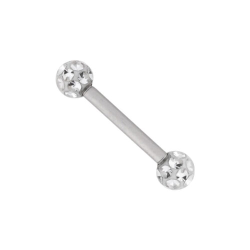 Barbell in titanio argento con sfere di cristallo trasparenti su sfondo bianco