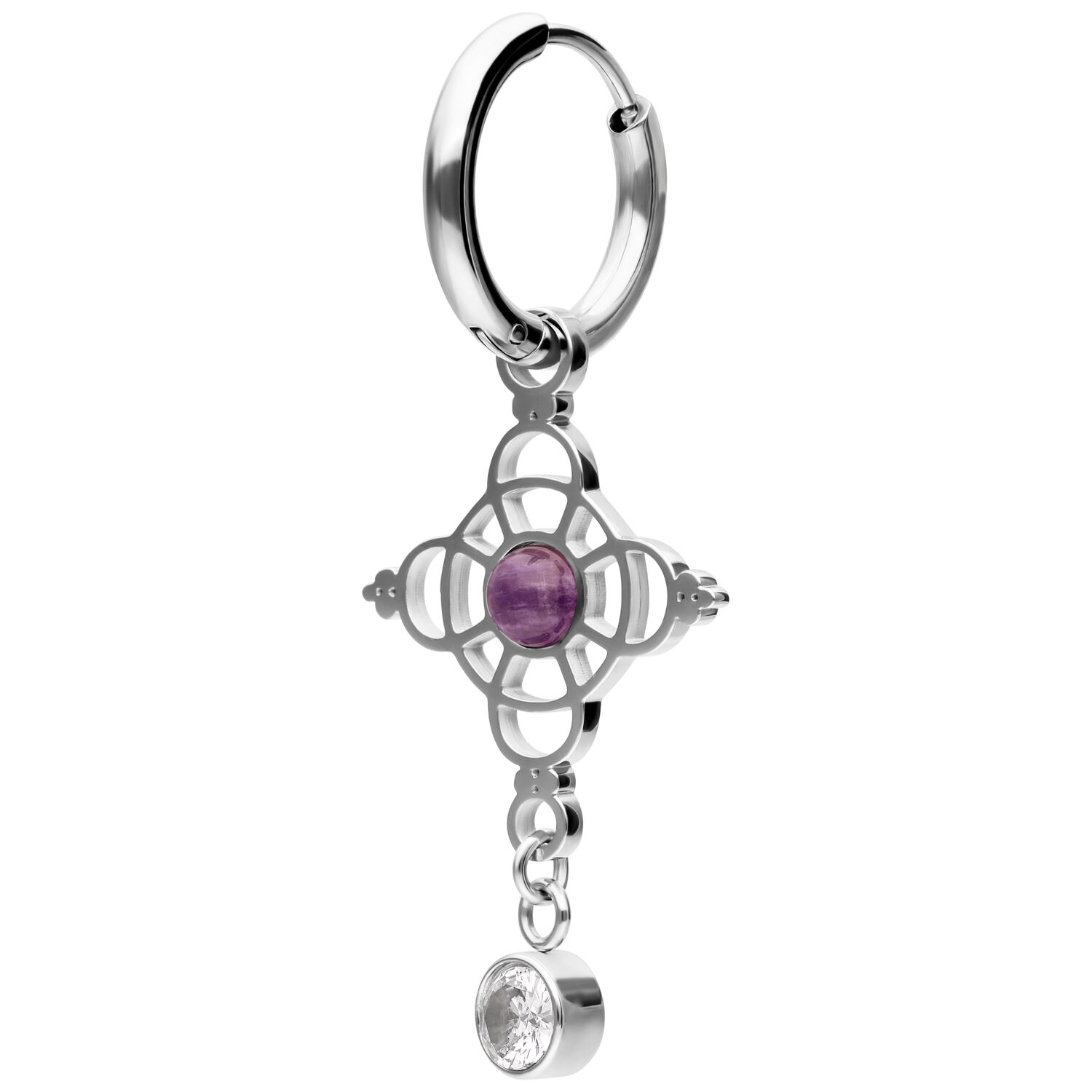 Orecchini d'argento con ametista e zirconi Orecchino d'argento con design raffinato, ametista al centro e pendente di zirconi su sfondo bianco