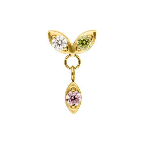 Piercing in oro con tre gemme colorate su sfondo bianco