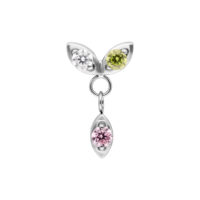 Piercing in acciaio con cristalli verde, rosa e bianco su sfondo bianco