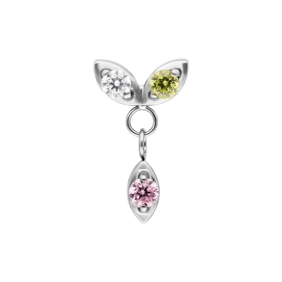 Piercing in acciaio con cristalli verde, rosa e bianco su sfondo bianco