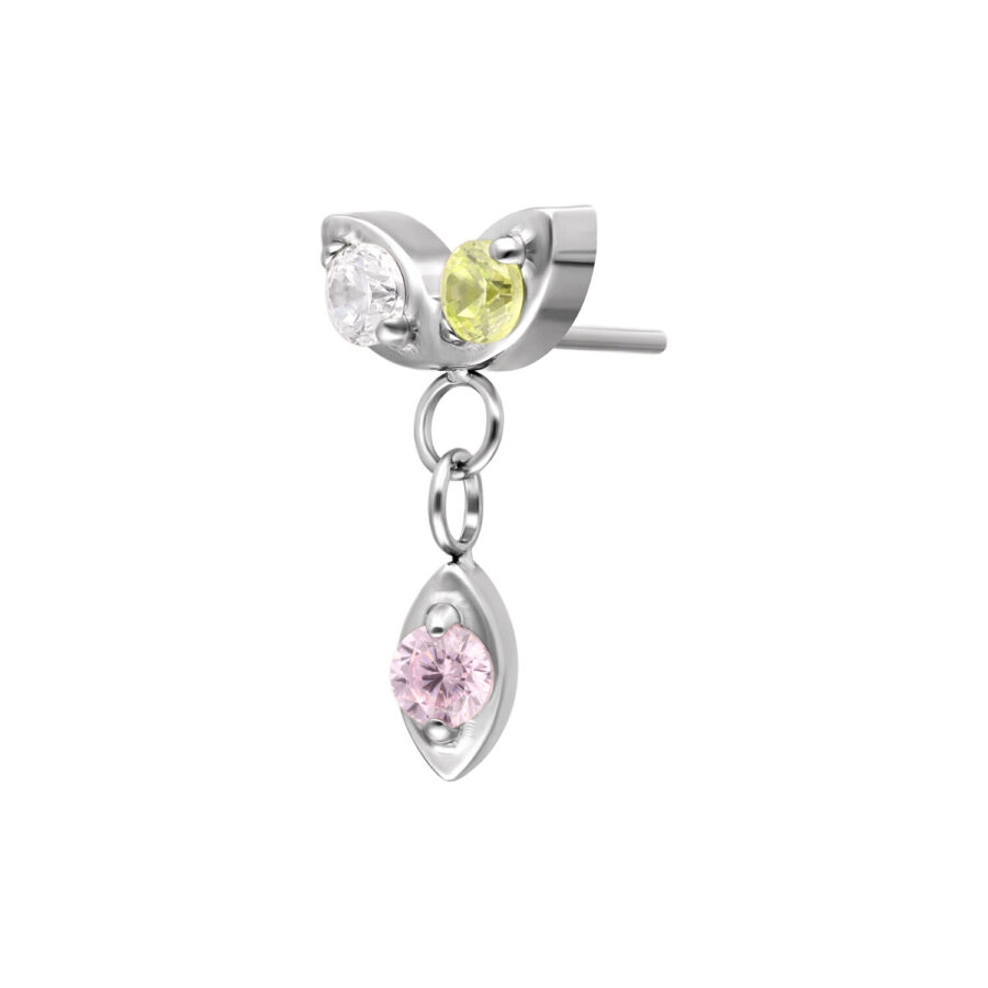 Orecchino in argento con cristalli giallo, rosa e trasparente su sfondo bianco