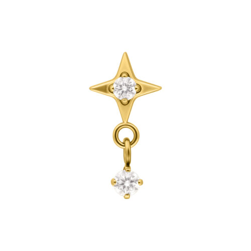 Orecchino in oro con ciondolo a forma di stella e due zirconi su sfondo bianco