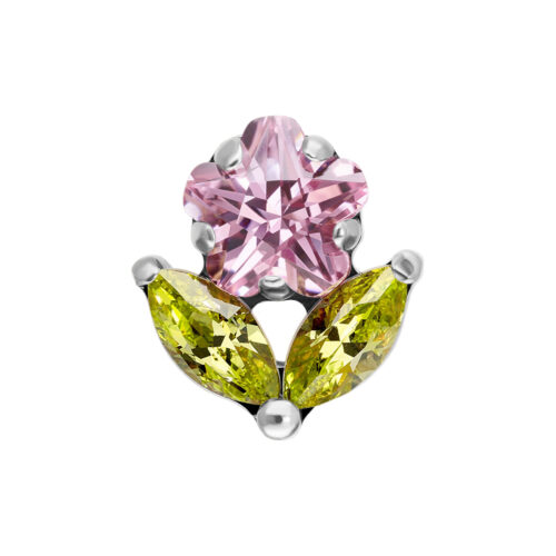 Piercing floreale con cristallo rosa a forma di fiore e foglie verdi su sfondo bianco